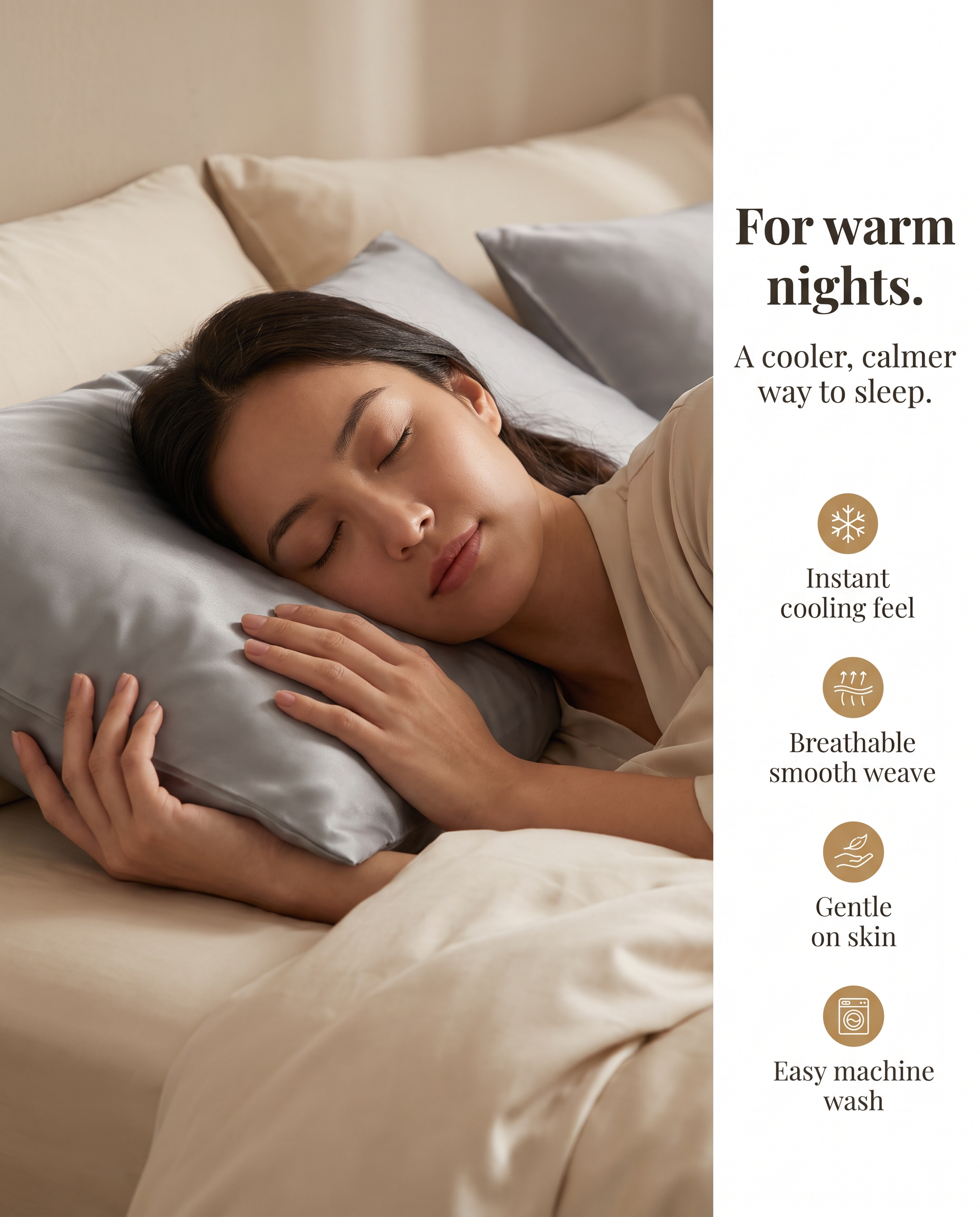 Two grey Lullia cooling pillowcases resting on cream bedding