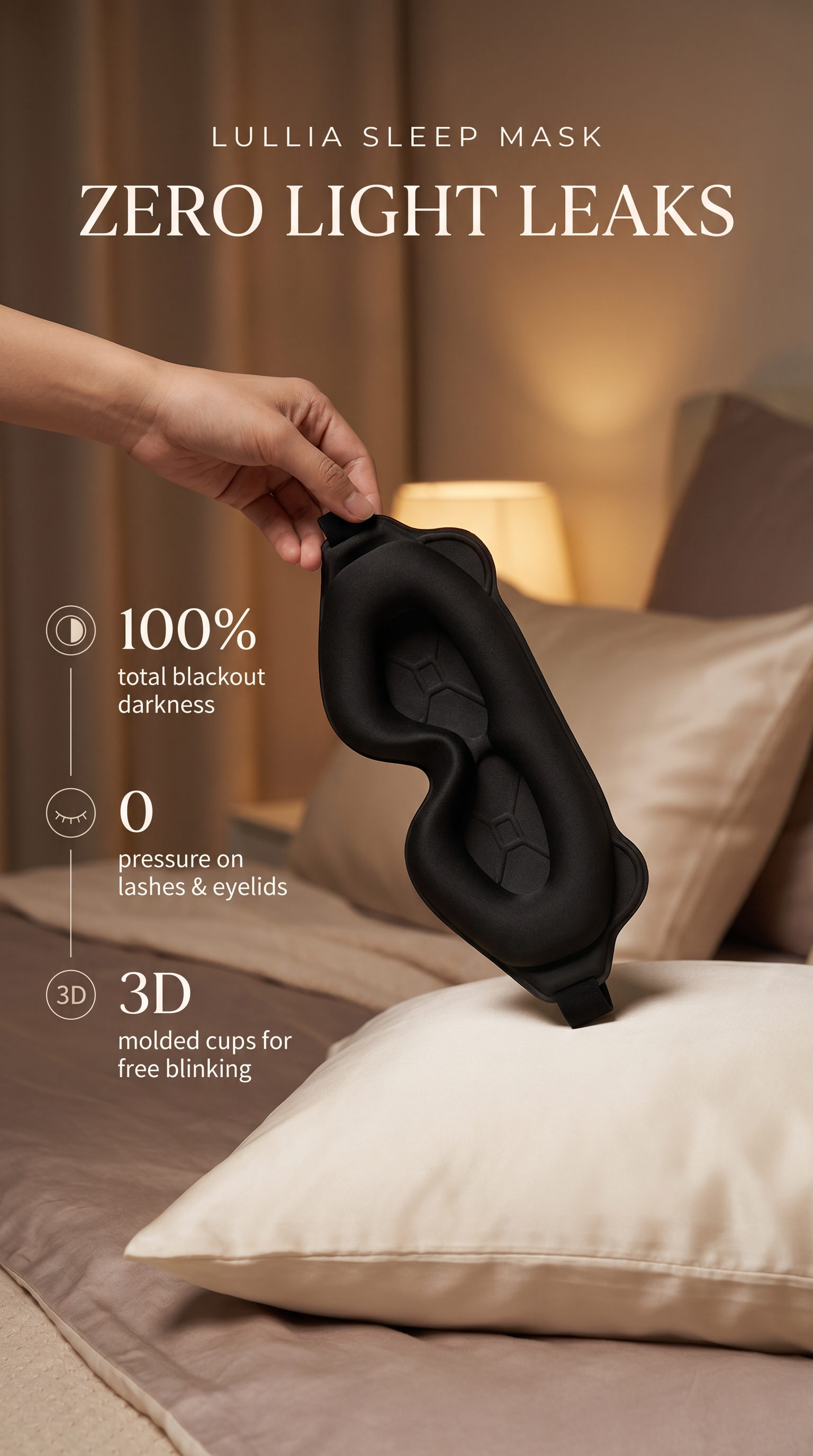 Lullia contoured blackout sleep mask with adjustable strap