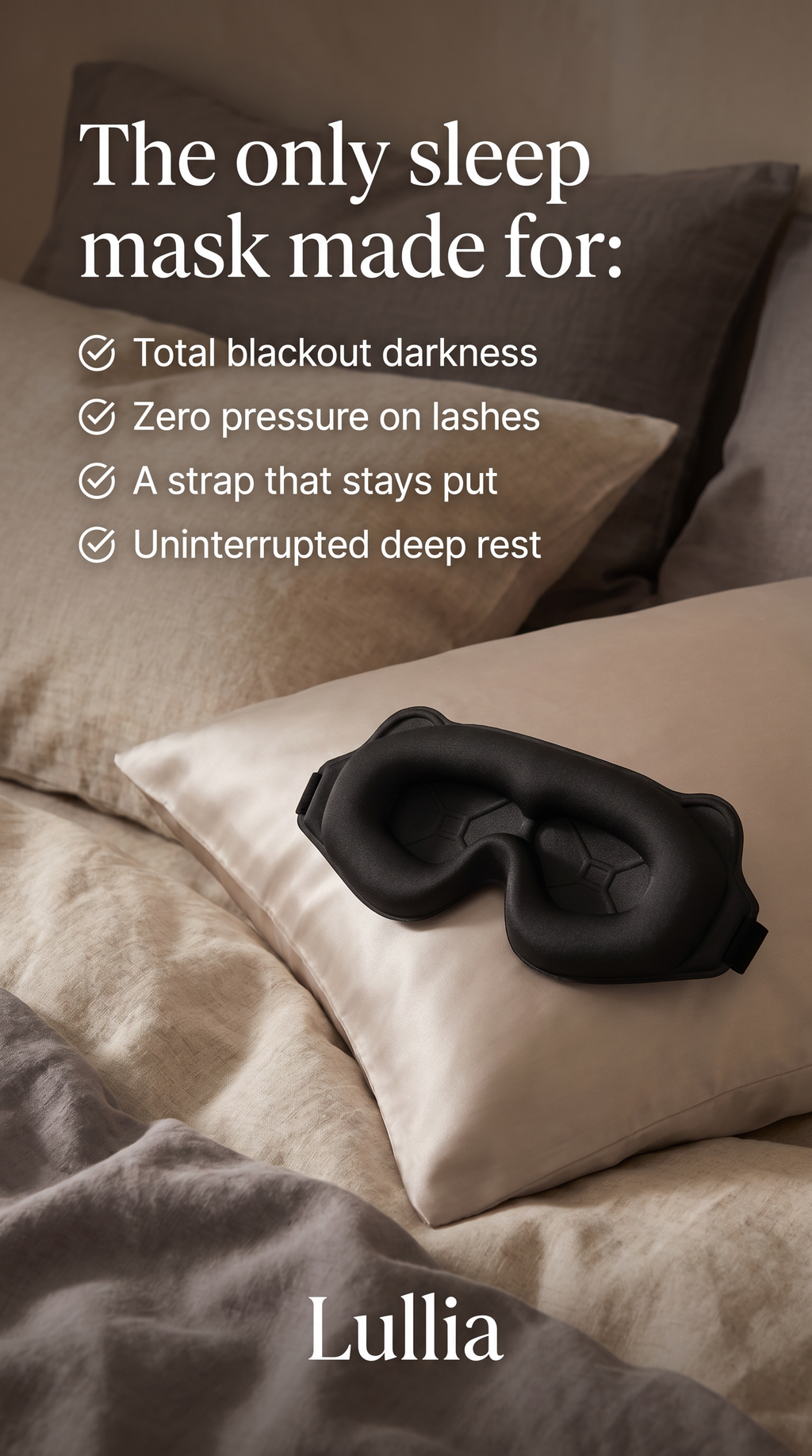 Lullia black contoured sleep mask, side profile