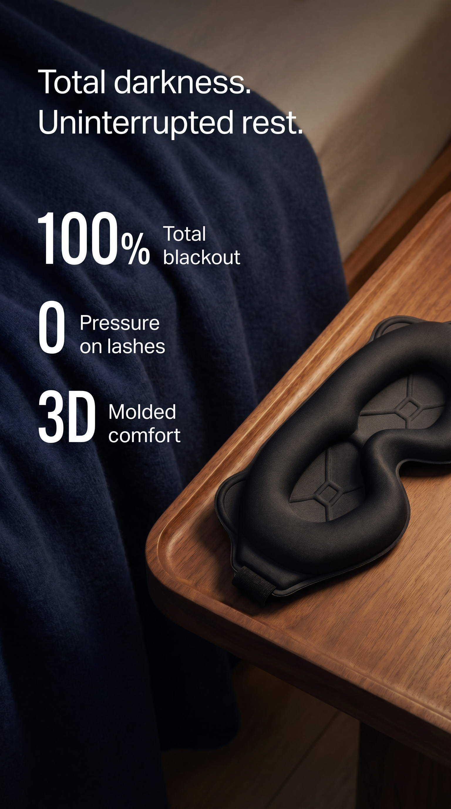 Lullia black 3D contoured blackout sleep mask, front view